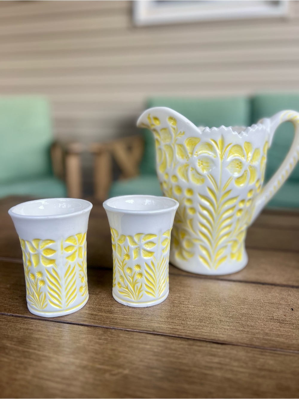 Vintage 1970s Yellow Floral Pitcher with 2 Cups | Cottagecore Decor